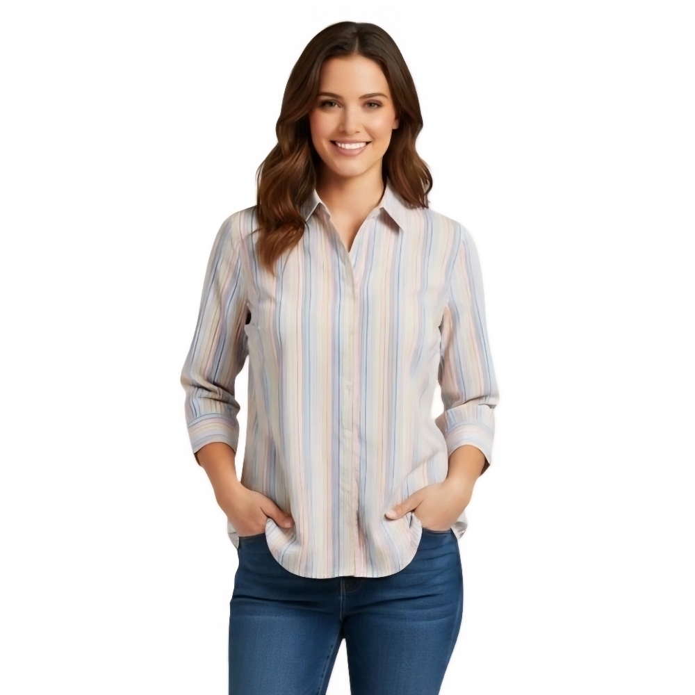 Lands' End Rainbow Striped 3/4 Sleeve Cotton Blend V Neck Blouse Size 16W